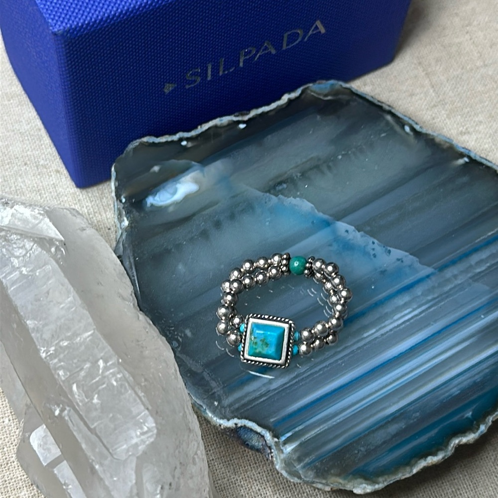 Silpada ring Sterling Silver Turquoise Stretchy Beaded Pendant Ring 925